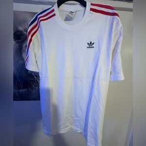 adidas White Tee with Red & Blue Shoulder Stripes
